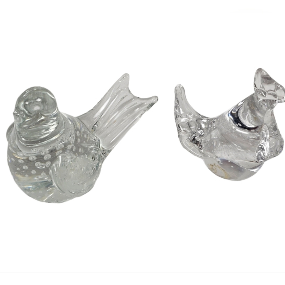 Lot Of 2 Vintage Controlled Bubble Glass Bird Paperweight Figurines Clear 2 Size